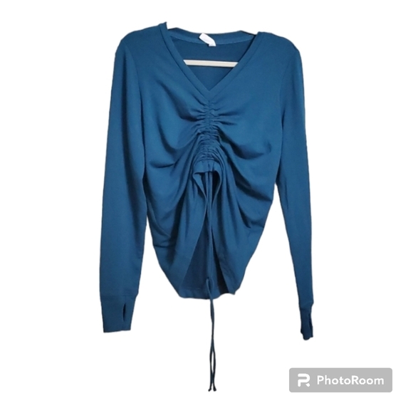 Ideology top women’s size medium blue cinch front crop long sleeve v-neck - Picture 4 of 12